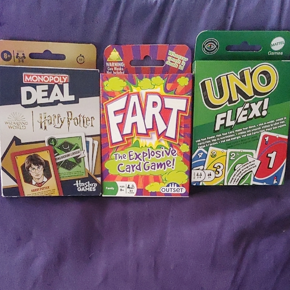 Monopoly Deal, Fart, and Uno Flex Card Games